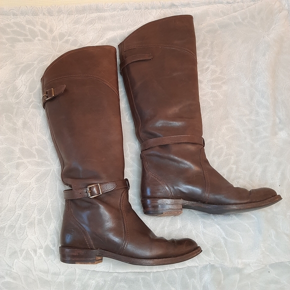 Worn in Frye Dorado Brown Leather Tall Riding Boots with Buckle Details - Picture 6 of 16